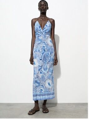 Zara blue white greek‎ tile print paisley coastal linen maxi dress euro summer S